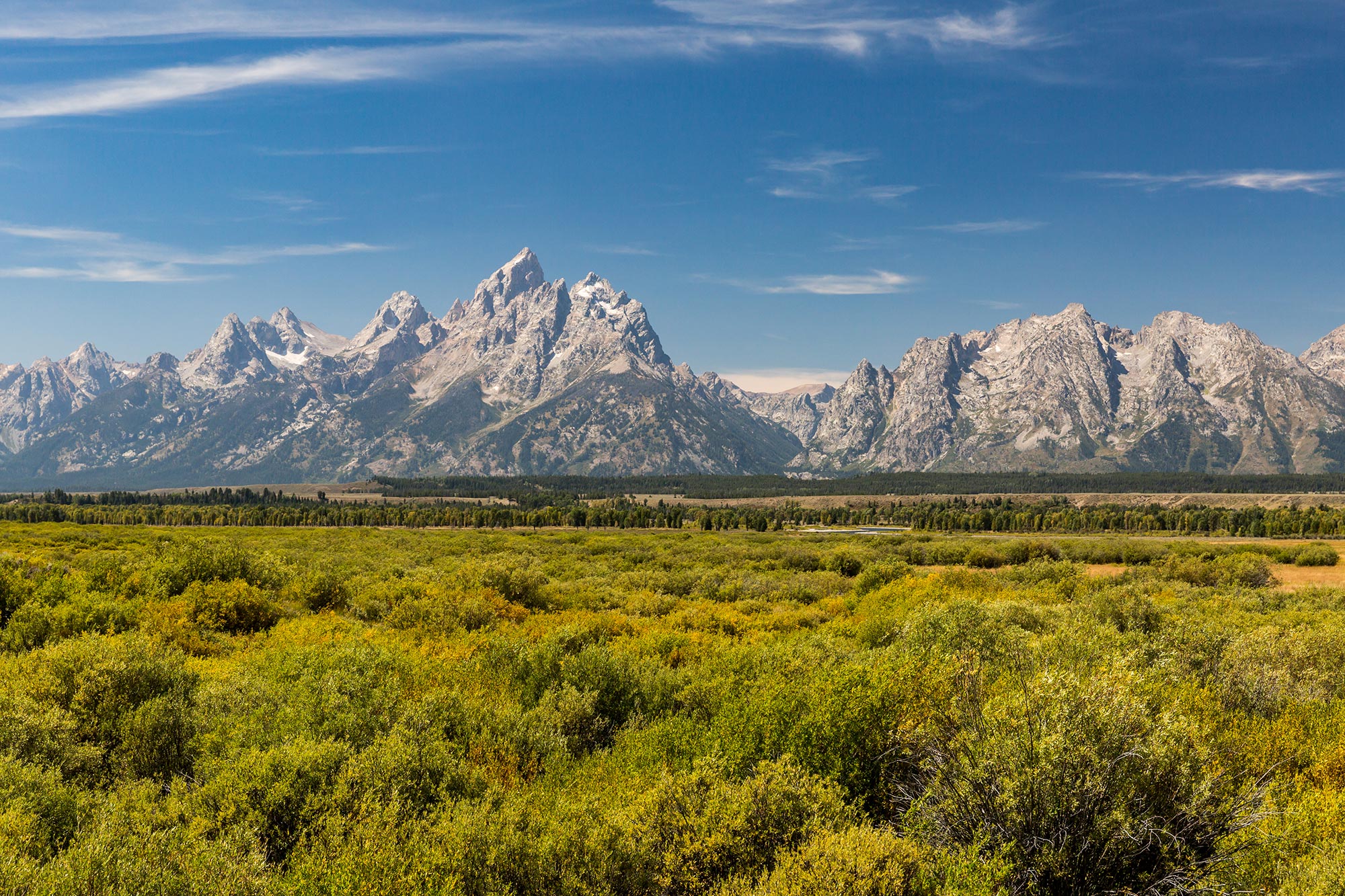 De gletsjers en witte toppen van Grand Teton National Park