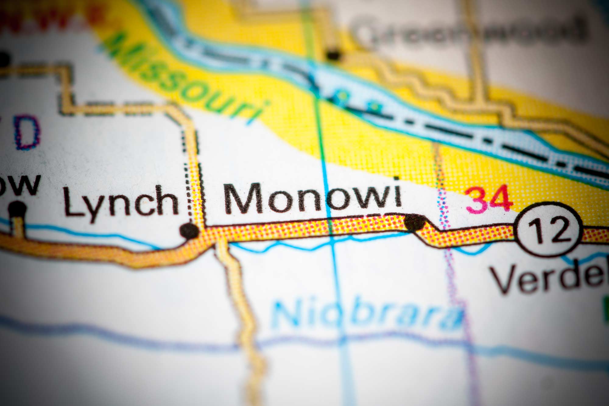 Monowi op de kaart in de staat Nebraska