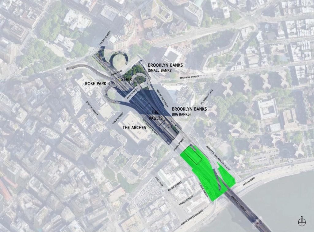 Het plan voor de ontwikkeling van Gotham Park onder en rondom de Brooklyn Bridge