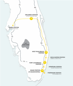 Het Brightline-traject van Miami naar Orlando en in 2030 Tampa