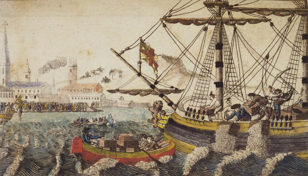 Een schilderij tijdens de Boston Tea Party waarbij thee overboord wordt gegooid