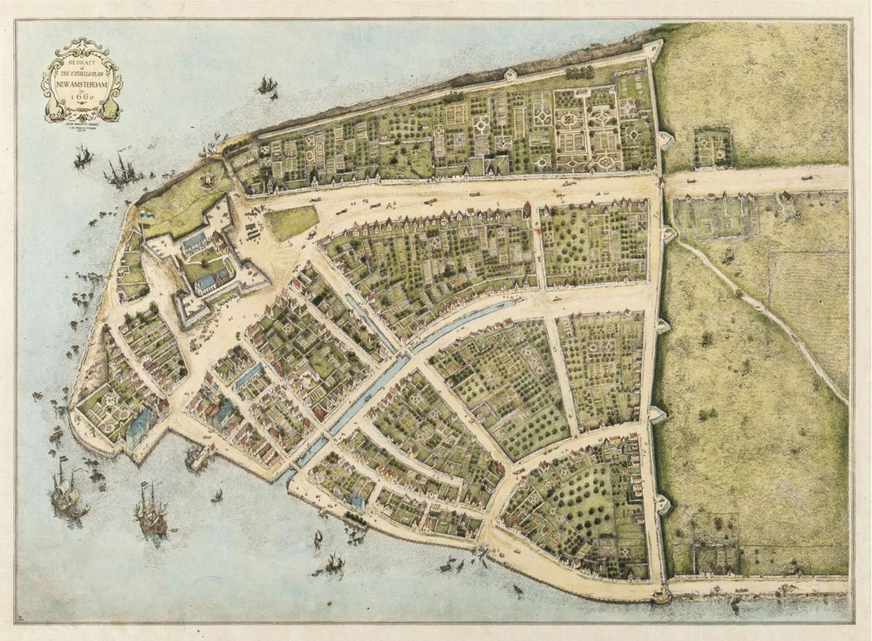Een oude kaart van Manhattan tijdens de Nederlandse kolonisering van New York