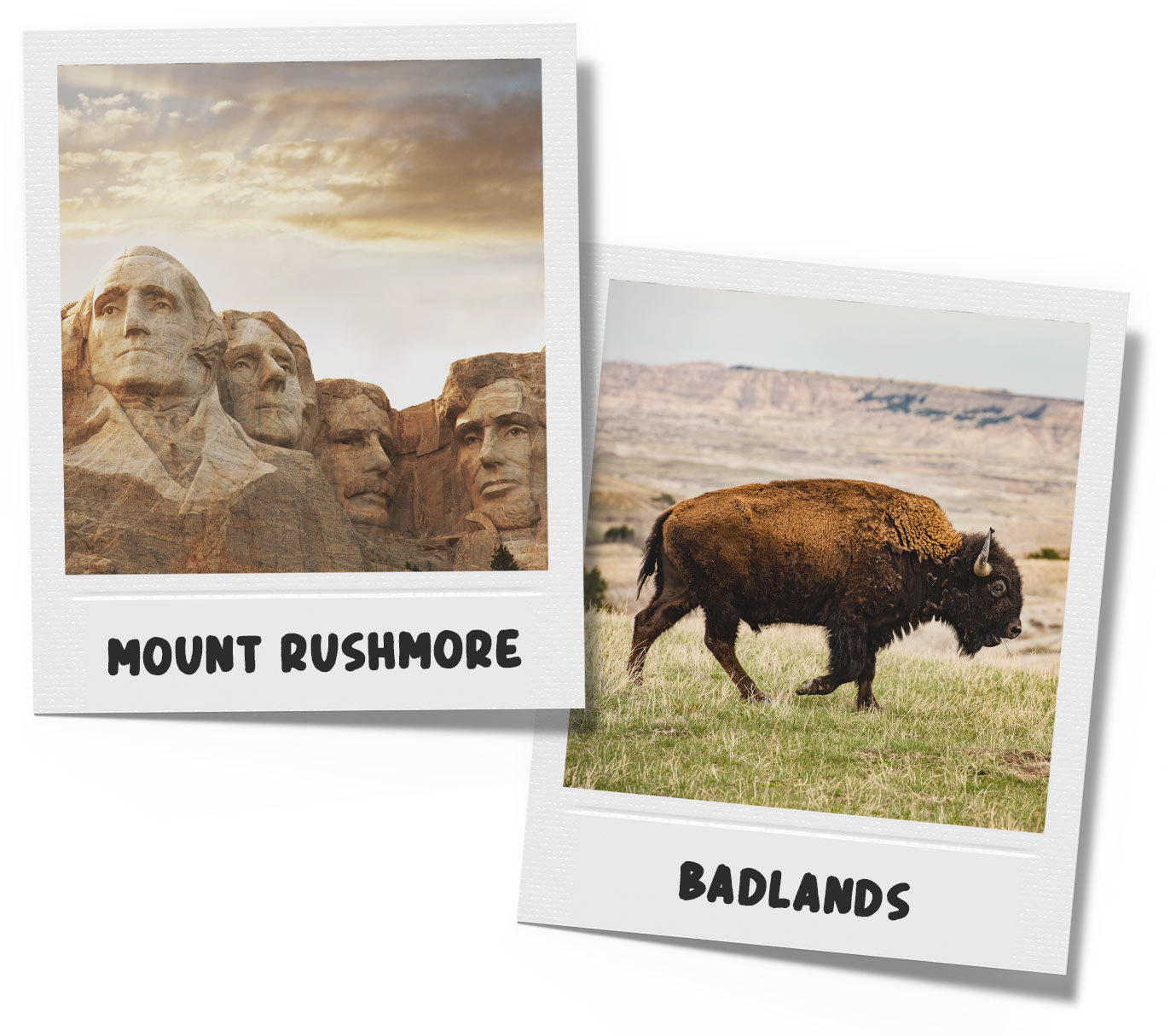 Polaroidfoto's van South Dakota met daarop Mount Rushmore en Badlands National Park Polaroidfoto's van South Dakota met daarop Mount Rushmore en Badlands National Park