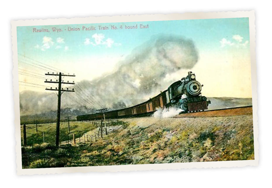 Een vintage postkaart van de Union Pacific Railroad in Wyoming