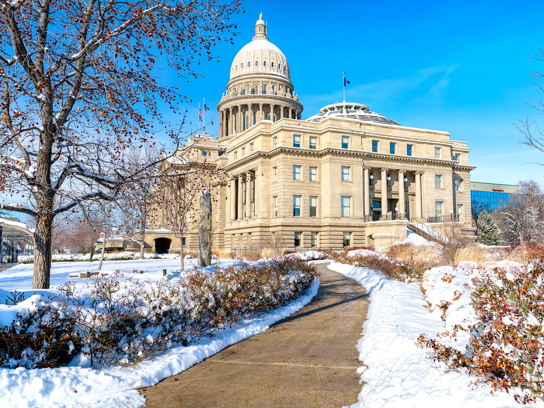 Het met sneeuw bedekte Capitool van Idaho in Boise