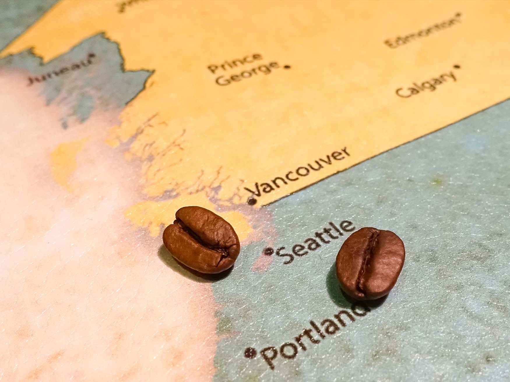 Kaart van Amerika met Seattle, Portland en koffiebonen