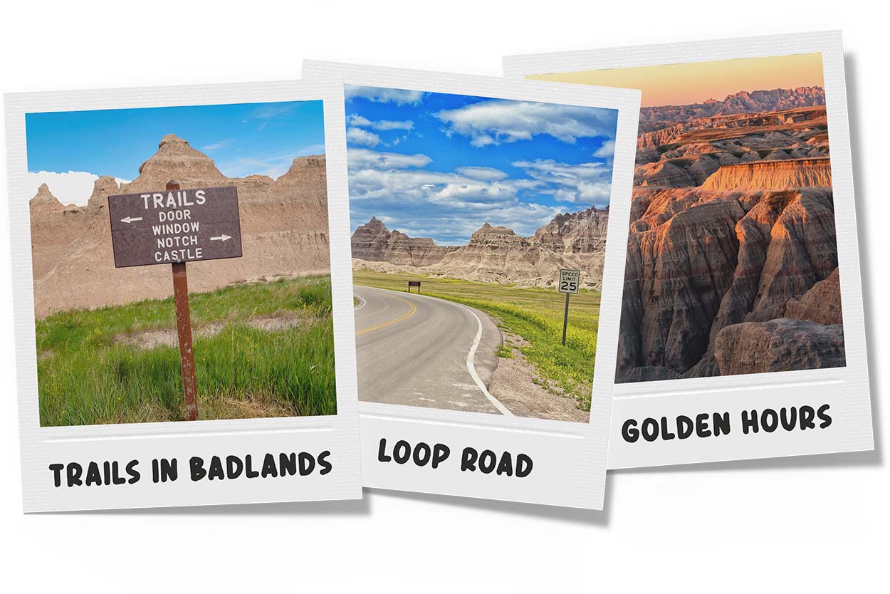 Drie polaroids met foto's van Badlands National Park in South Dakota Drie polaroids met foto's van Badlands National Park in South Dakota