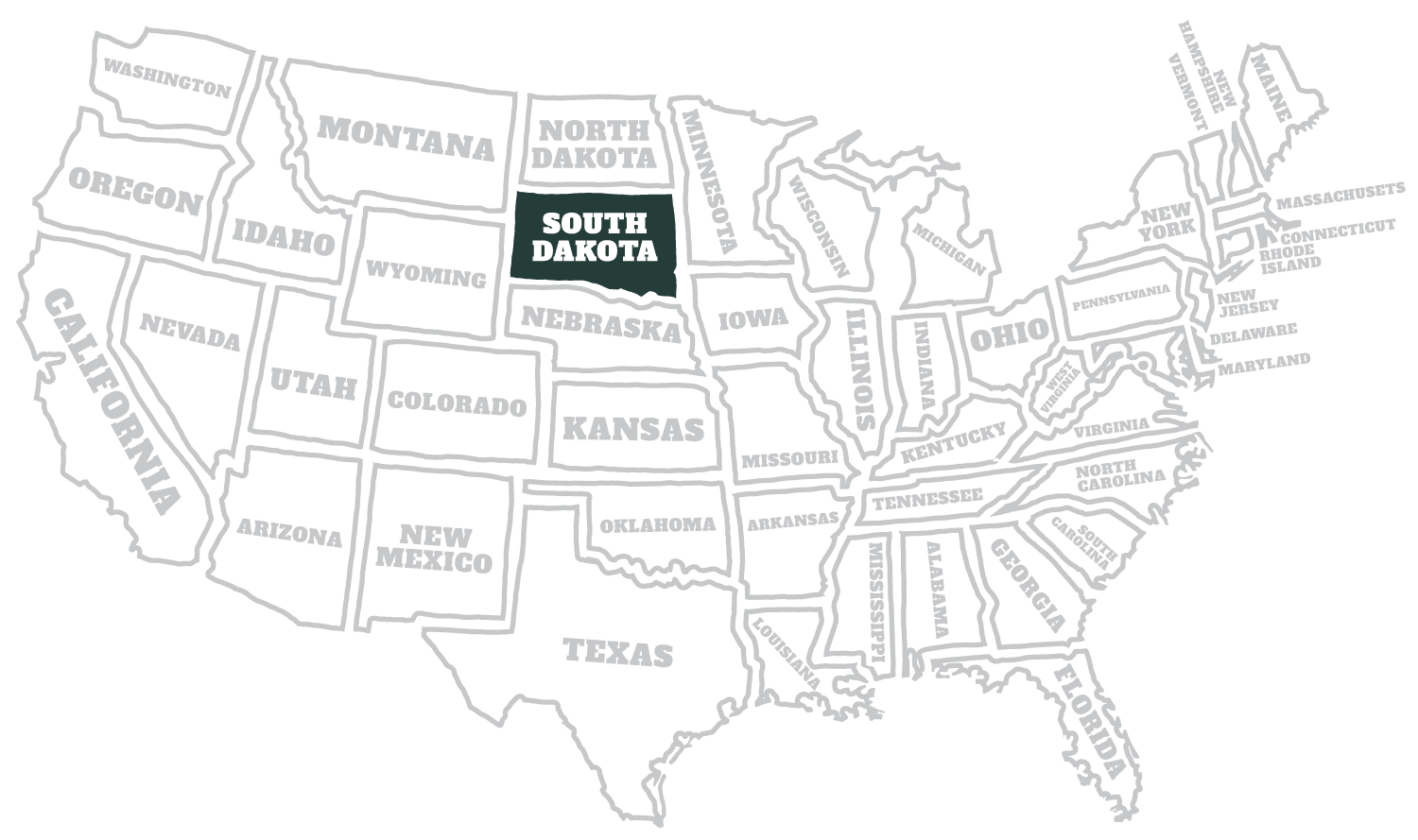 Kaart van Amerika met de staat South Dakota uitgelicht Kaart van Amerika met de staat South Dakota uitgelicht