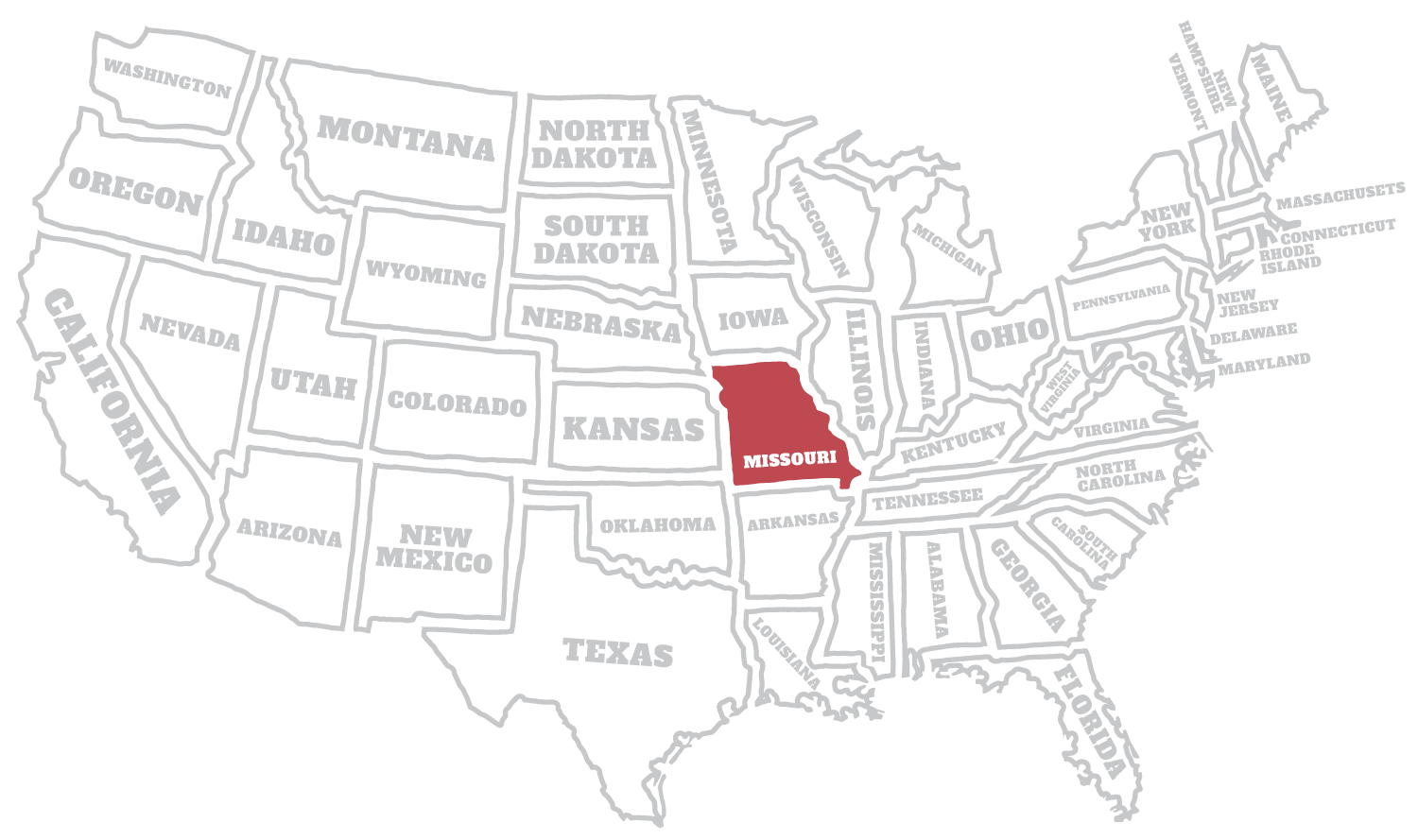 Kaart van Amerika met de staat Missouri uitgelicht Kaart van Amerika met de staat Missouri uitgelicht
