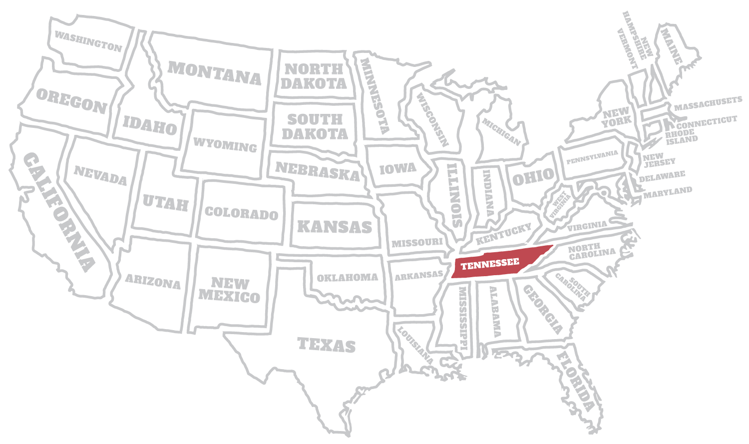 Hey!USA kaart van Amerika met Tennessee uitgelicht