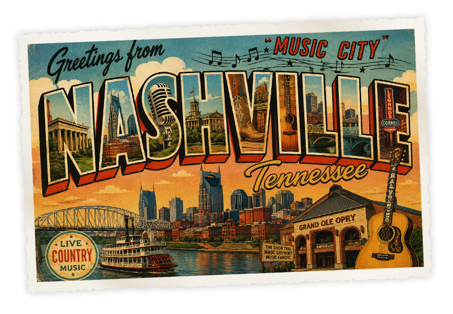 Een vintage postkaart van Nashville, 'Music City'